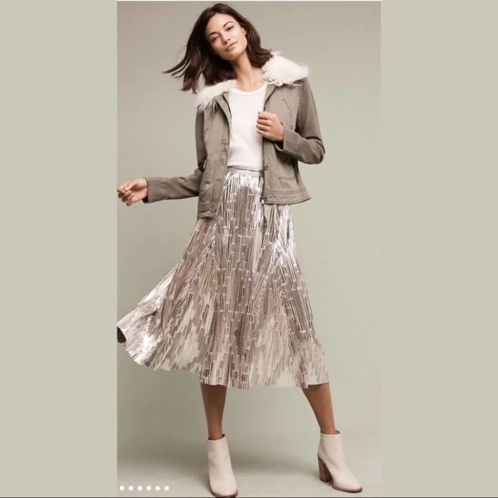 ANTHROPOLOGIE Marrakech Army Green Faux Fur Collared Cadet Jacket Small NEW - Picture 3 of 16